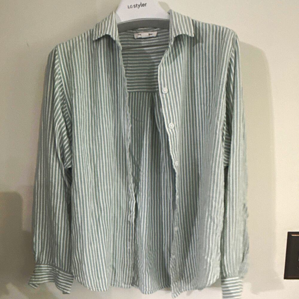 beachlunchlounge Women’s Green White Striped Collared Viscose Shirt XS